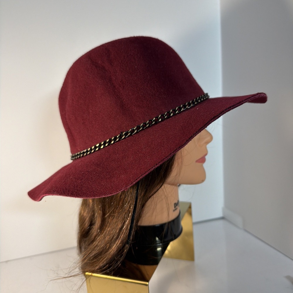 Fedora Faux Wool Felt Hat Plum Red With Metal Chain by The Hatter Company Womens